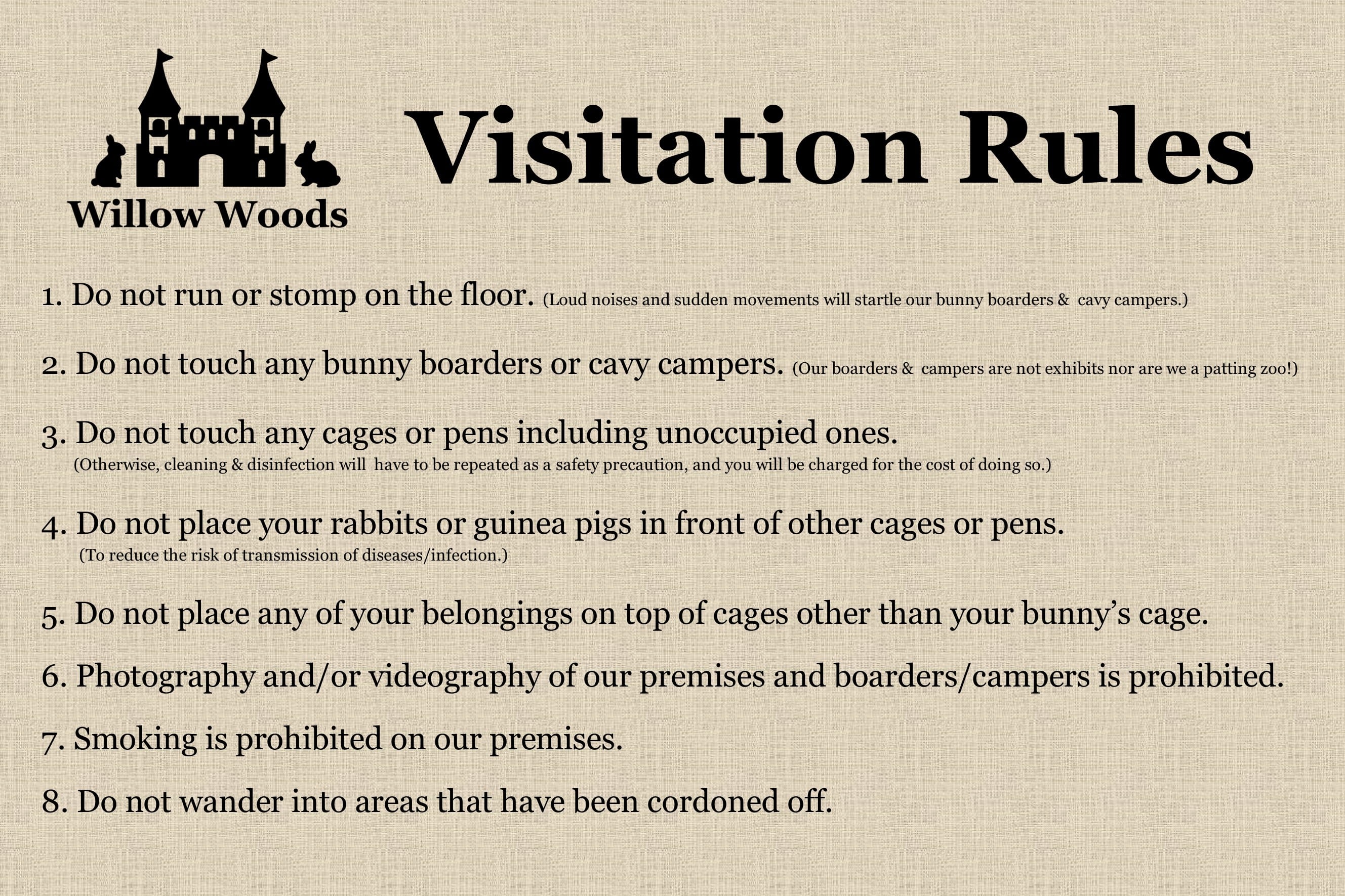 Visitation Rules for tours at Willow Woods, our Rabbit & Guinea Pig Hotel in Melbourne